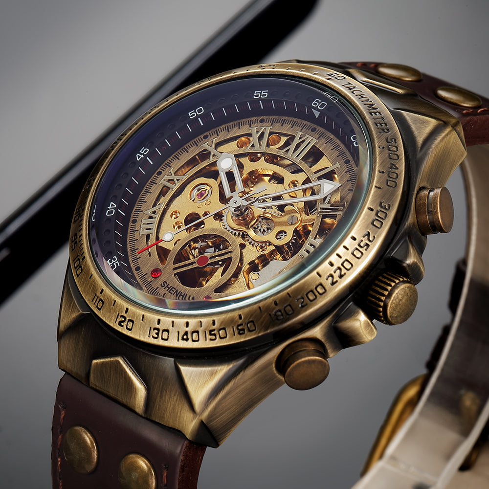 SHENHUA 02 Watch Vintage Automatic Mechanical Transparent Skeleton Watch Mechanic Self Winding Men Watch