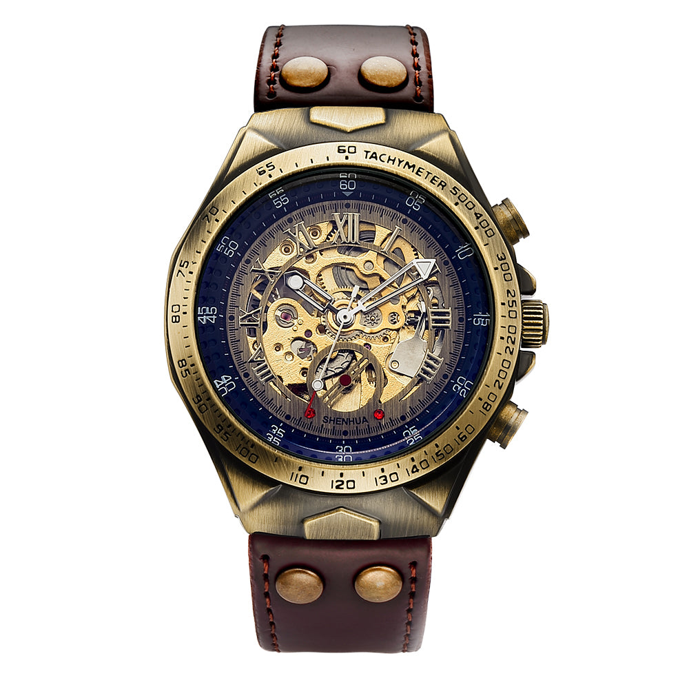 SHENHUA 02 Watch Vintage Automatic Mechanical Transparent Skeleton Watch Mechanic Self Winding Men Watch