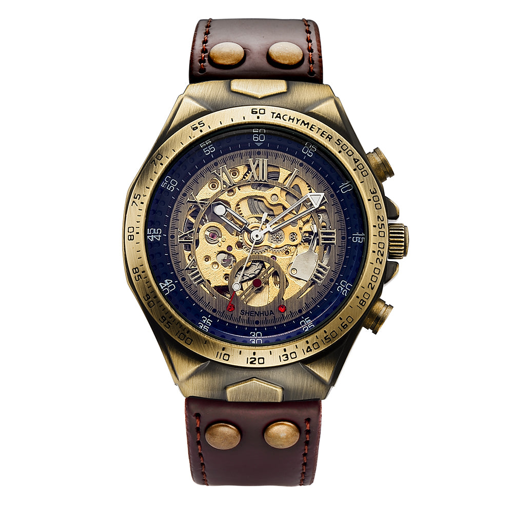 SHENHUA 02 Watch Vintage Automatic Mechanical Transparent Skeleton Watch Mechanic Self Winding Men Watch