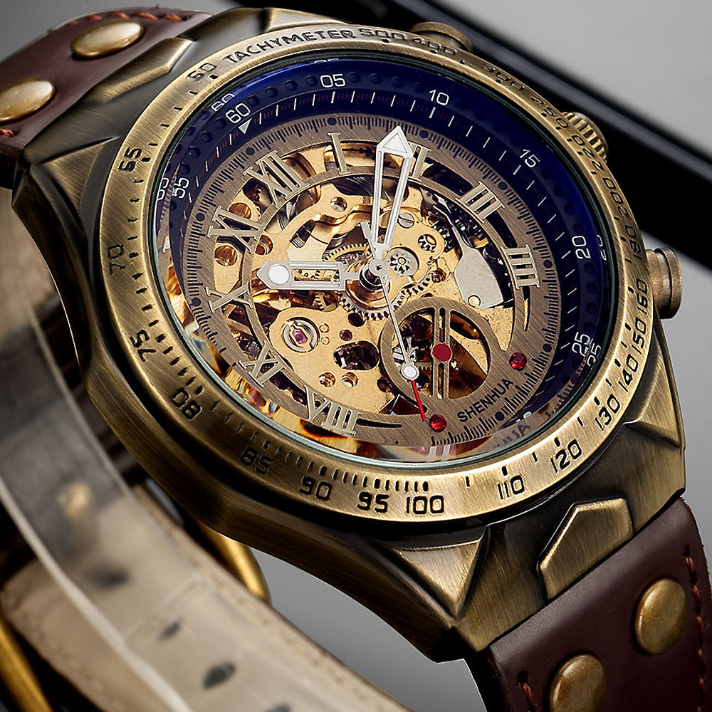 SHENHUA 02 Watch Vintage Automatic Mechanical Transparent Skeleton Watch Mechanic Self Winding Men Watch