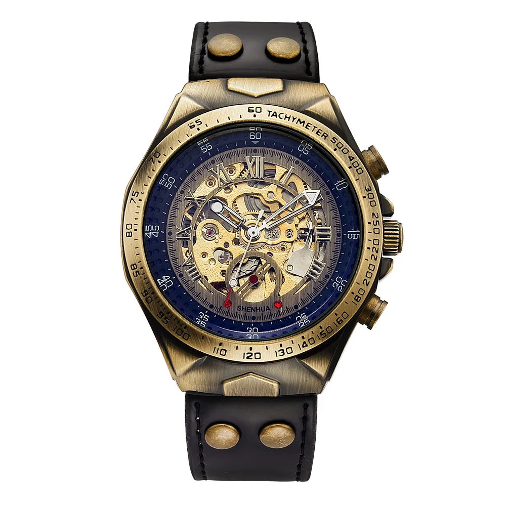 SHENHUA 02 Watch Vintage Automatic Mechanical Transparent Skeleton Watch Mechanic Self Winding Men Watch