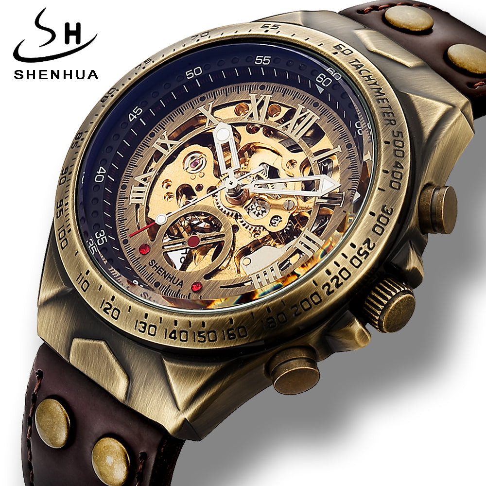SHENHUA 02 Watch Vintage Automatic Mechanical Transparent Skeleton Watch Mechanic Self Winding Men Watch